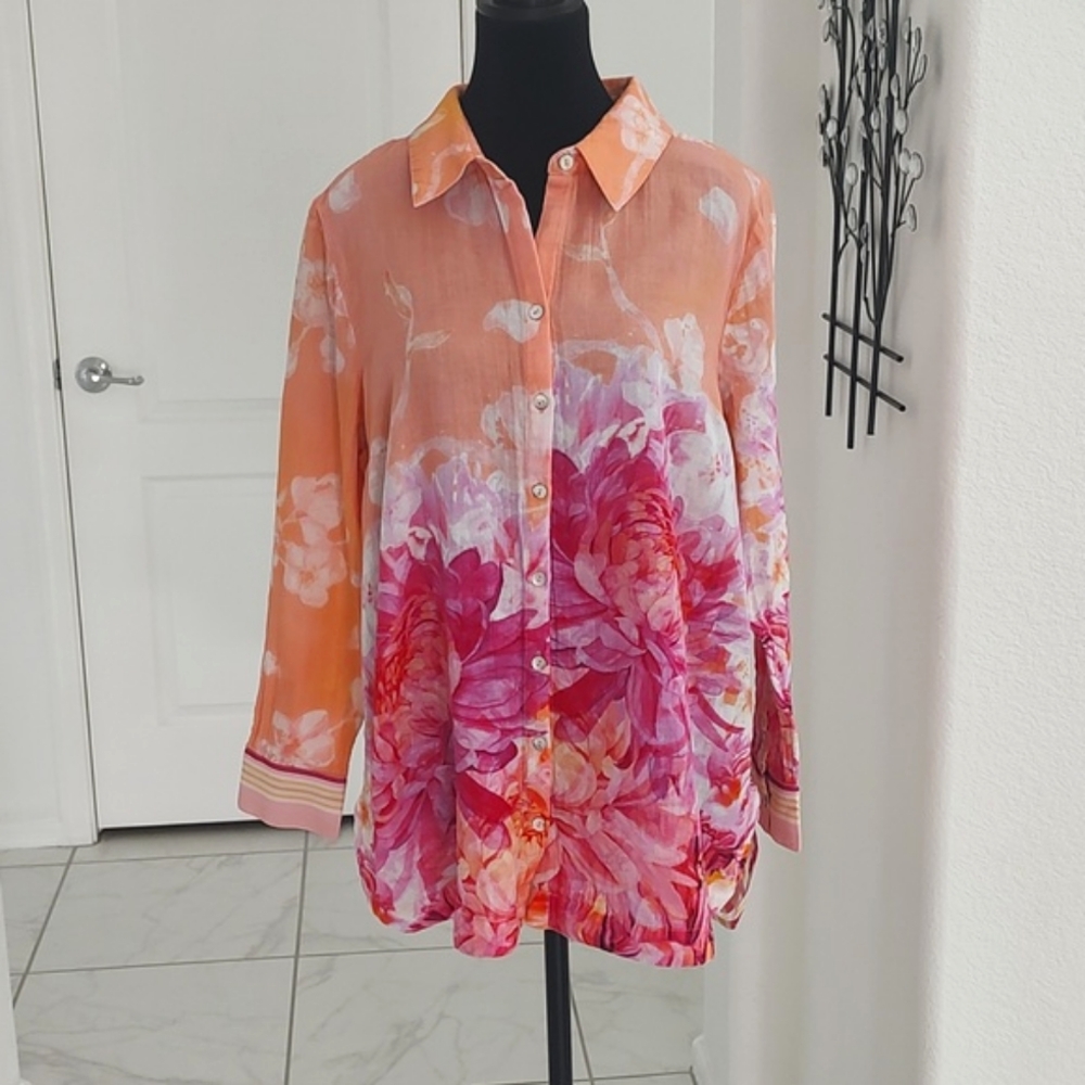 Floral Button-Up Blouse - Pink & Orange